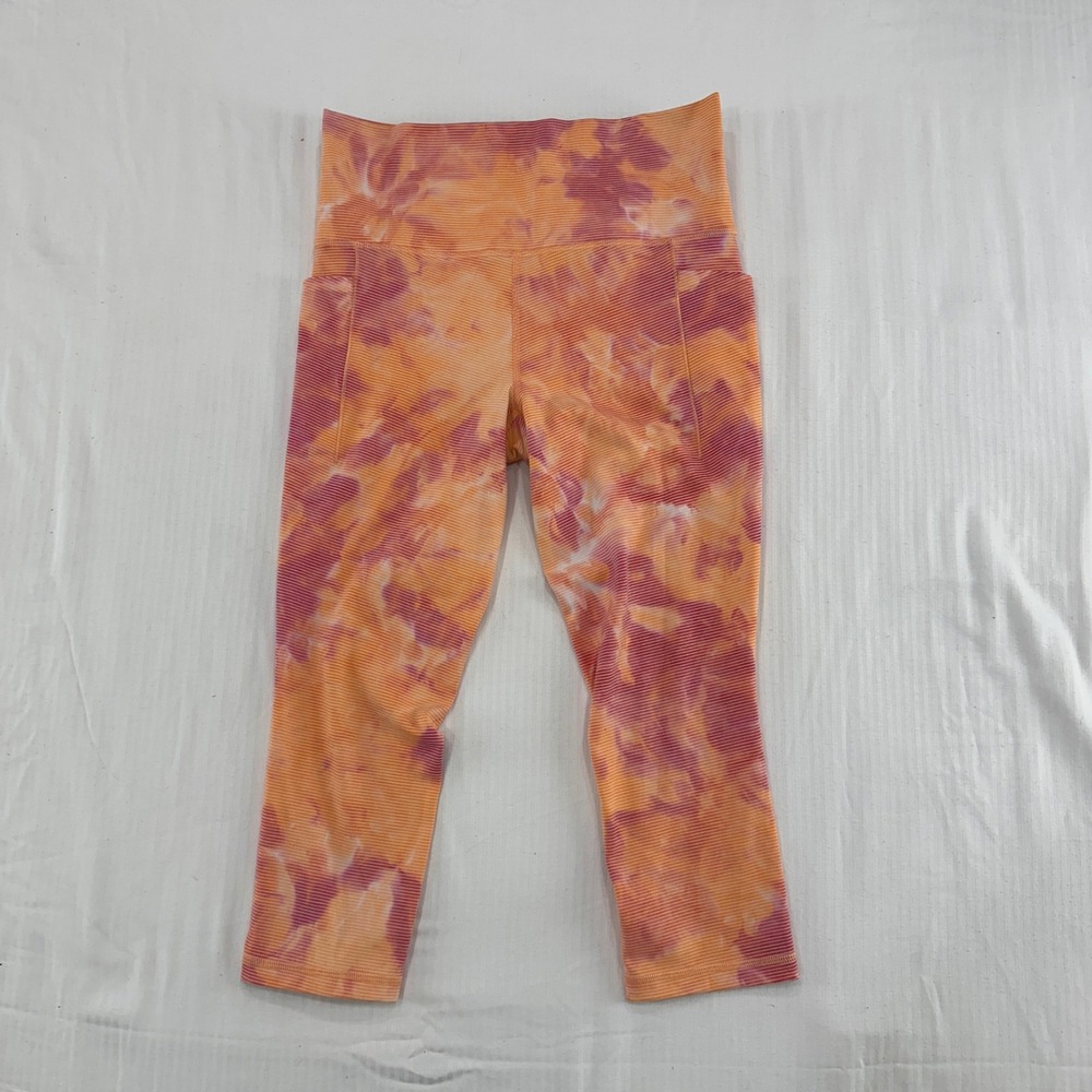 Athleta Salutation Stash Pocket II Capri Womens M Orange Purple‎ Tie Dye | Yoga